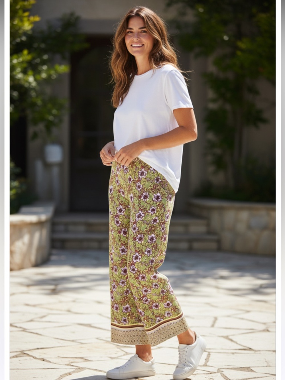 Cupcakes & Cashmere Boho Floral Wide-Leg Pants Green Purple High Rise Size L